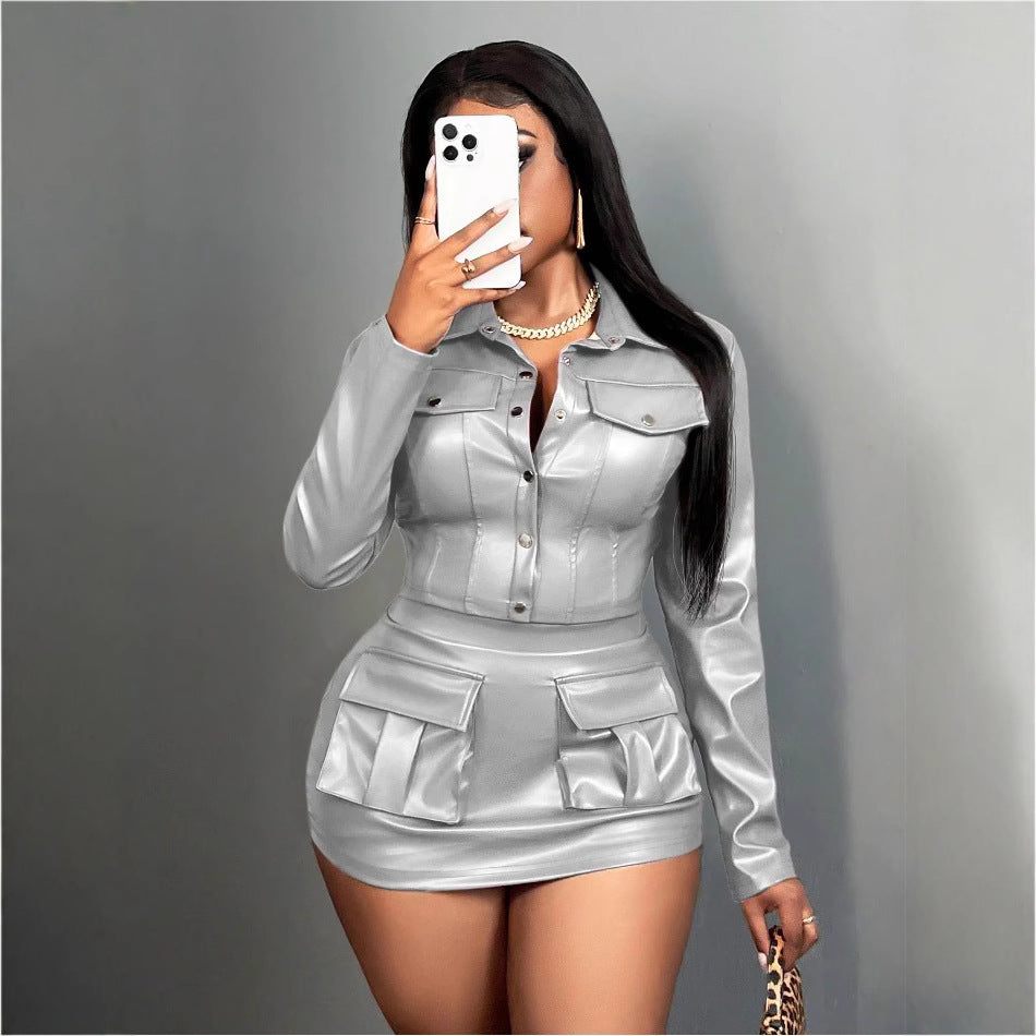 Damen Kunstleder Minikleid mit praktischen Klappentaschen EB
