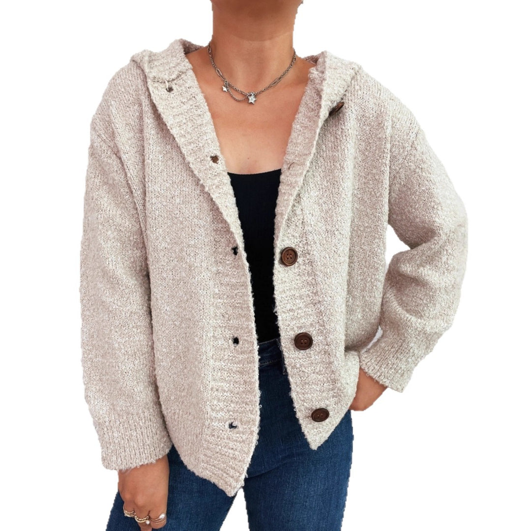 Damen kuschelige Strickjacke mit Kapuze und Knopfdetails EB