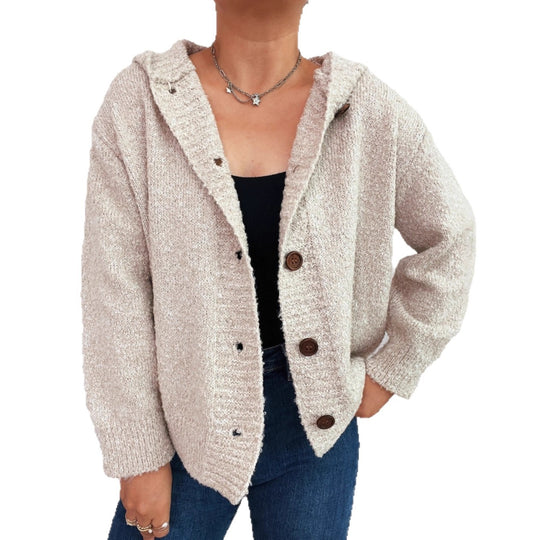 Damen kuschelige Strickjacke mit Kapuze und Knopfdetails EB