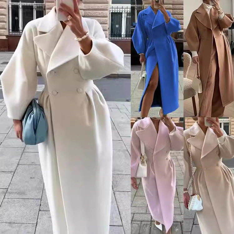 Damen nan taillierter Doppelreihiger Trenchcoat mit weitem Ärmel und hohem Beinschlitz EB