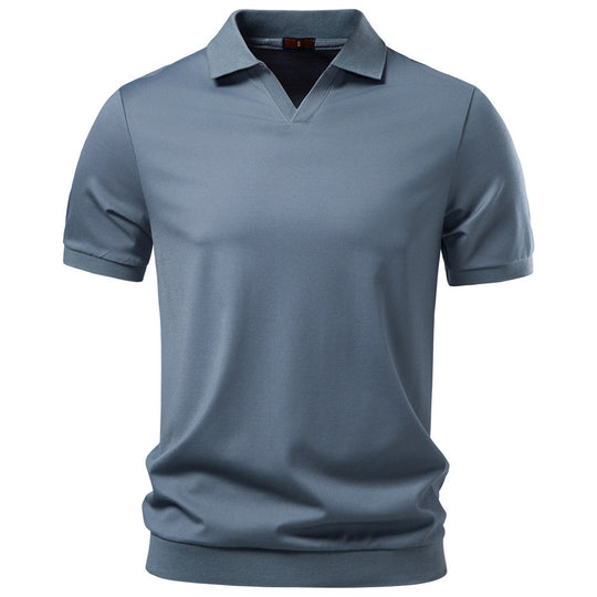 Herren nan feinstrickiges Kurzarm-Poloshirt mit offenem V-Kragen und elastischem Saum EB