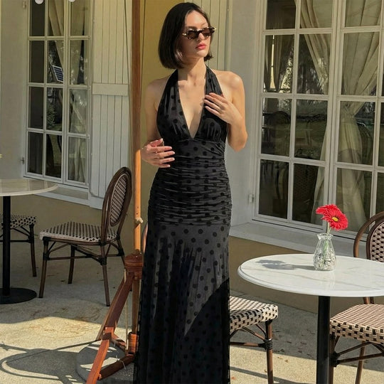 Damen Elegantes Maxikleid mit tiefem V-Ausschnitt und raffinierten Rüschendetails EB