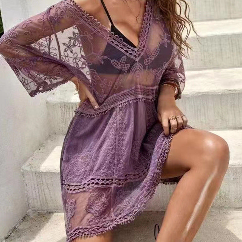 Damen luftiger Beachcover-Up mit aufwendiger Stickerei EB
