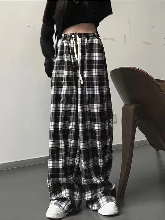 Damen weite Karohose mit Gummizug und anpassbarem Kordelzug EB