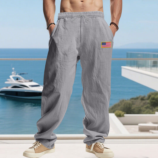 Herren Maritime Relaxed‑Fit Leinenoptik-Freizeithose mit Tunnelzug & Flaggen-Patch EB