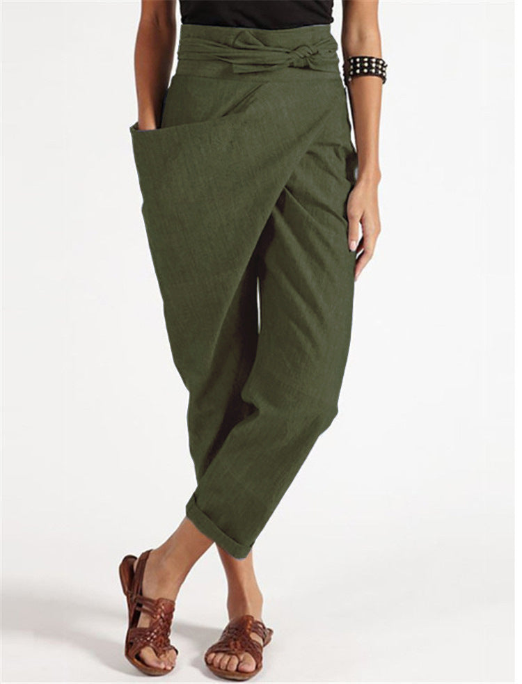 Damen nan Wickelhose aus Leinenmix mit hohem Taillenbund, überlappender Vorderseite und großzügiger Eingrifftasche EB