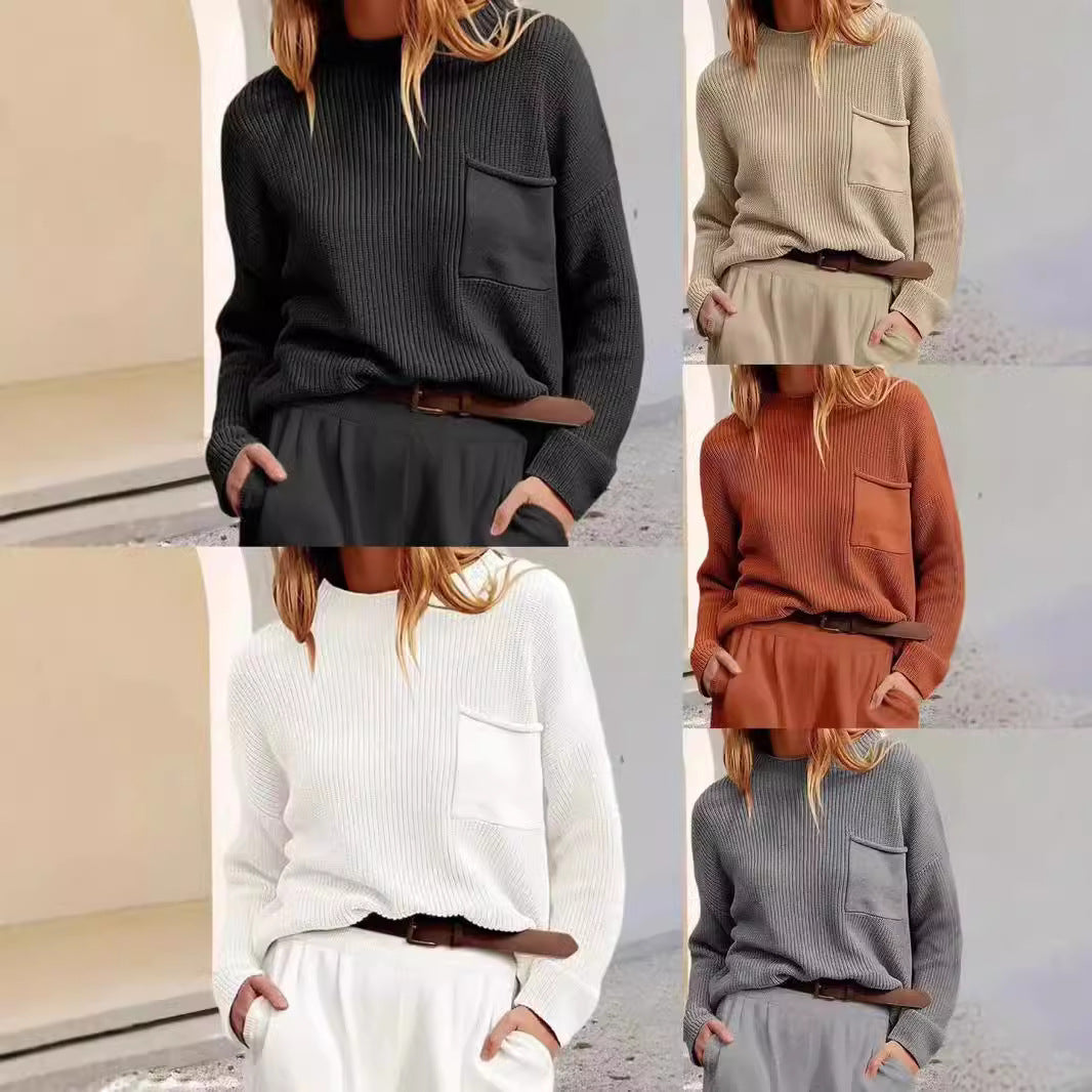 Damen Strickpullover mit hohem Kragen und Brusttasche EB