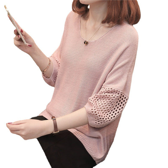 Damen luftiger Strickpullover mit einzigartigen Lochmustern EB