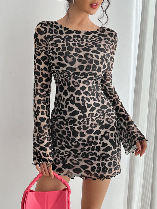 Damen Minikleid aus leichter Rückenfreier Spitze mit Leopardenmuster EB