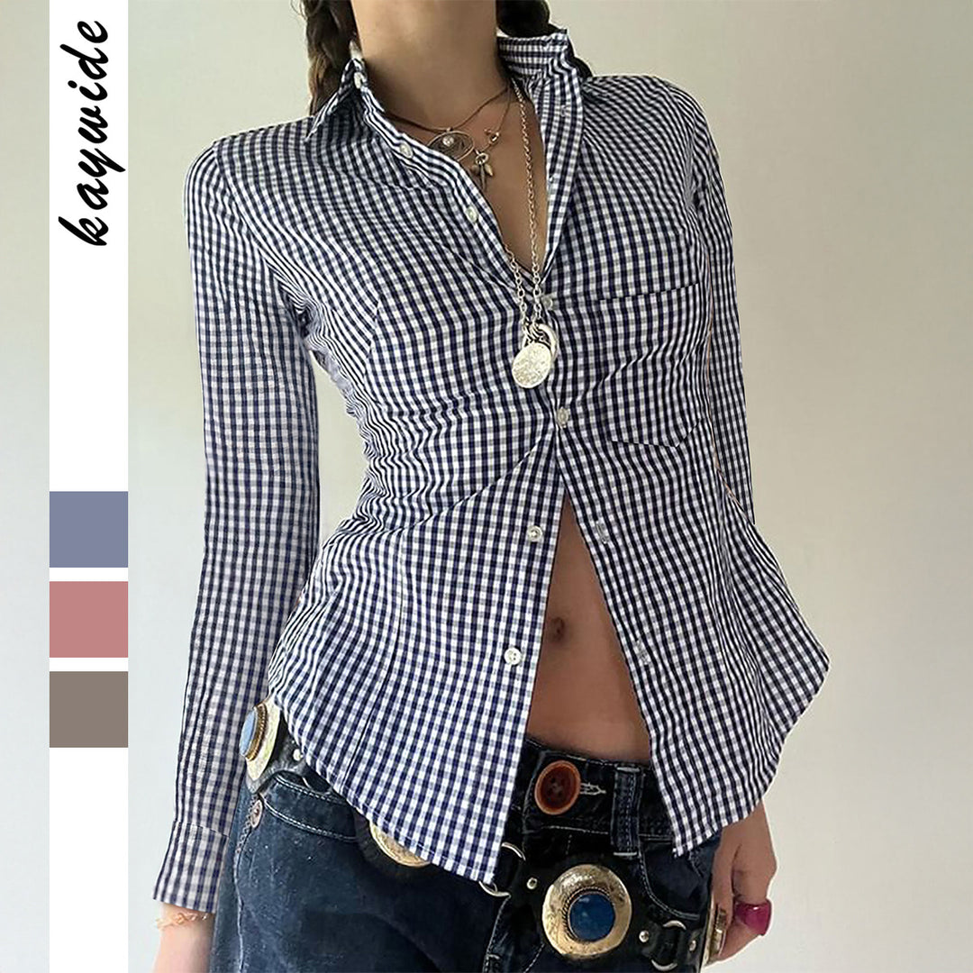 Damen nan taillierte Karobluse mit Hemdkragen, durchgehender Knopfleiste und geschwungenem Saum EB