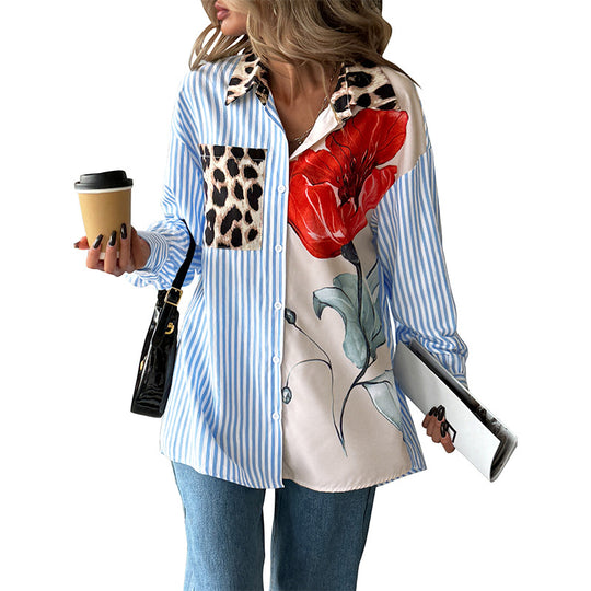 Damen Oversize-Hemdbluse mit gestreiftem Patchwork, Leopardenapplikation und Blumenprint EB