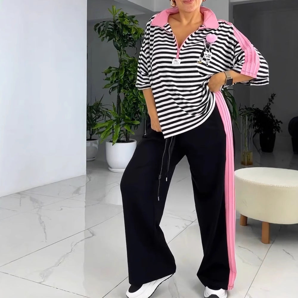 Damen nan lässiges zweiteiliges Polo-Lounge-Set mit Oversize-Streifen, Pompom-Applikation und kontrastierenden Seitenbahnen EB