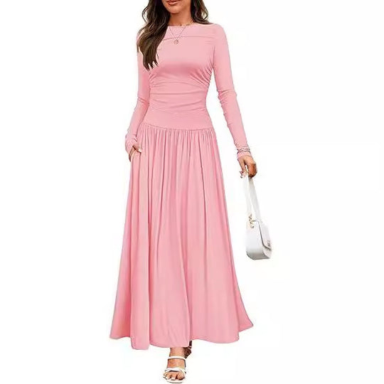 Damen Langärmliges Maxikleid mit eleganten Rüschendetails und praktischen Taschen EB