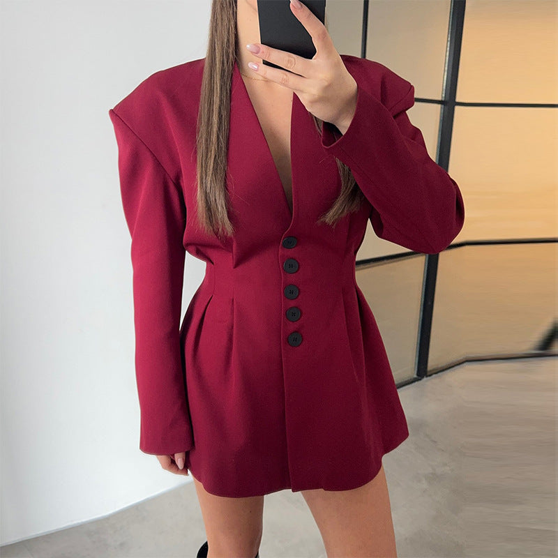 Damen trendiges Blazer-Kleid mit strukturierten Schultern und tiefem V-Ausschnitt EB