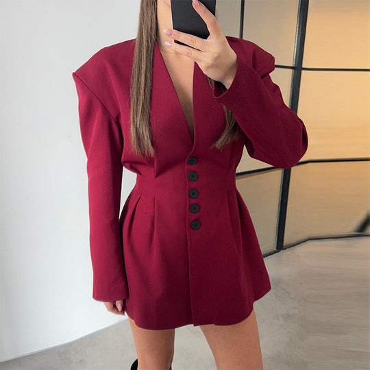Damen trendiges Blazer-Kleid mit strukturierten Schultern und tiefem V-Ausschnitt EB