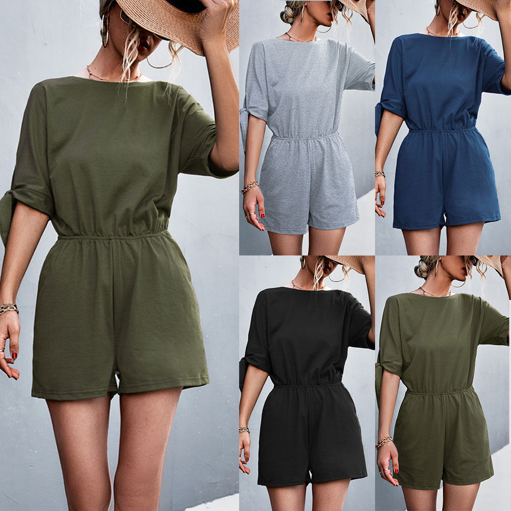 Damen Jumpsuit mit luftiger Passform und modischen Ärmelbändern EB