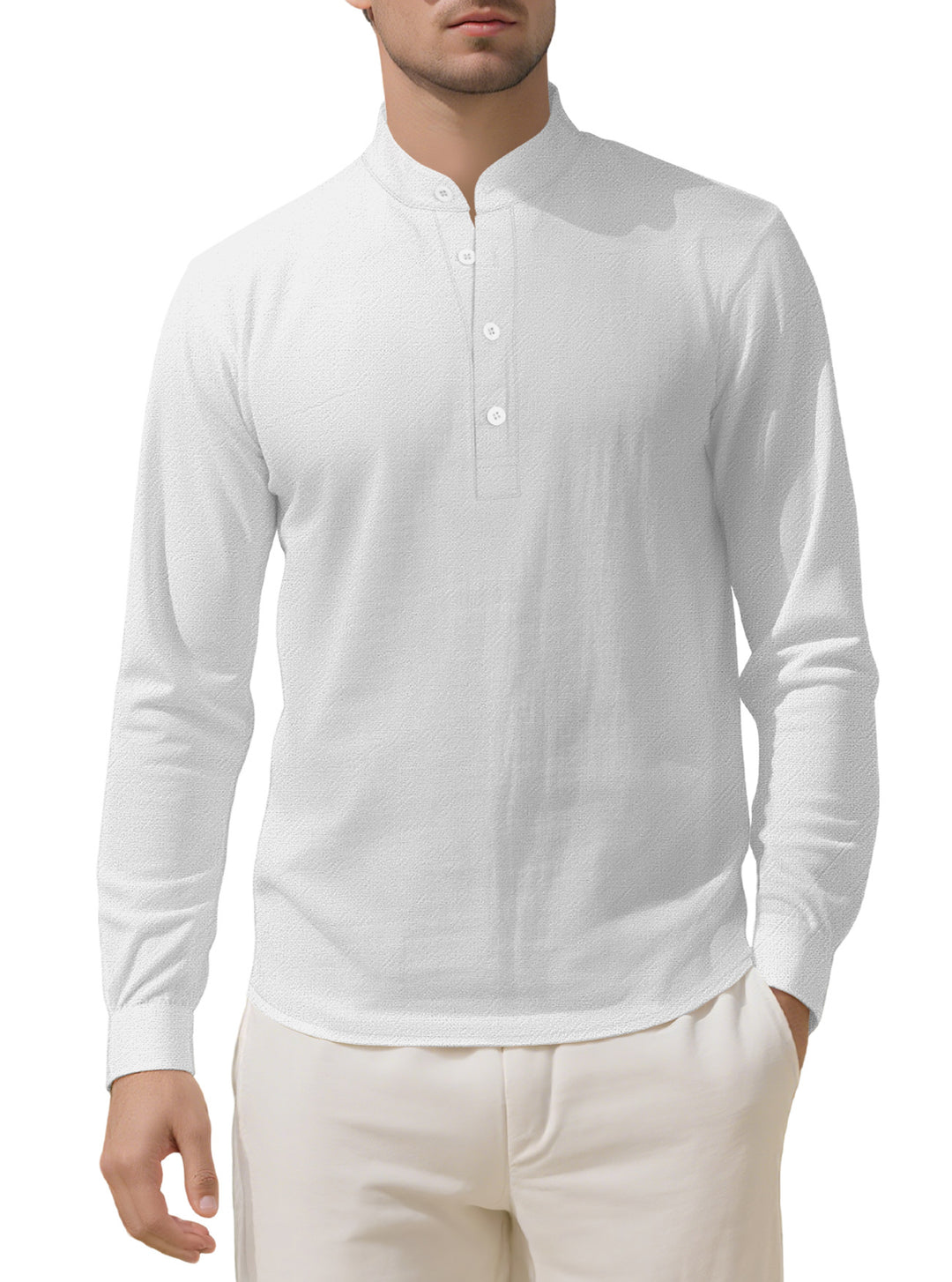 Herren nan Nehru-Kragen-Henley aus Baumwollstretch mit verdeckter Knopfleiste und schmaler Passform EB