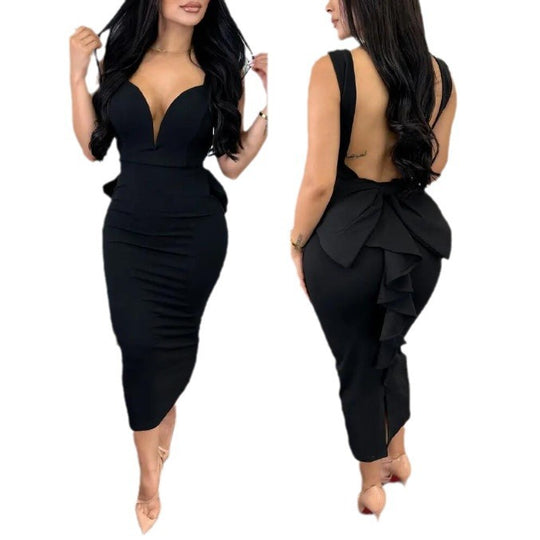 Damen figurbetontes Midikleid mit tiefem V-Ausschnitt und peplum Saum EB