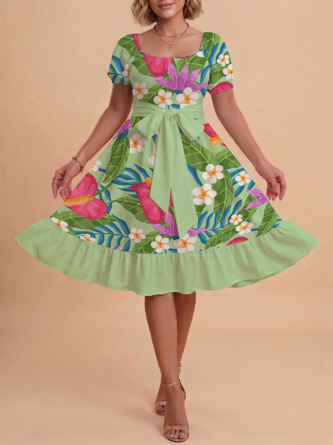 Damen A-Linien-Kleid mit floralen Motiven und taillierbarem Gürtel EB