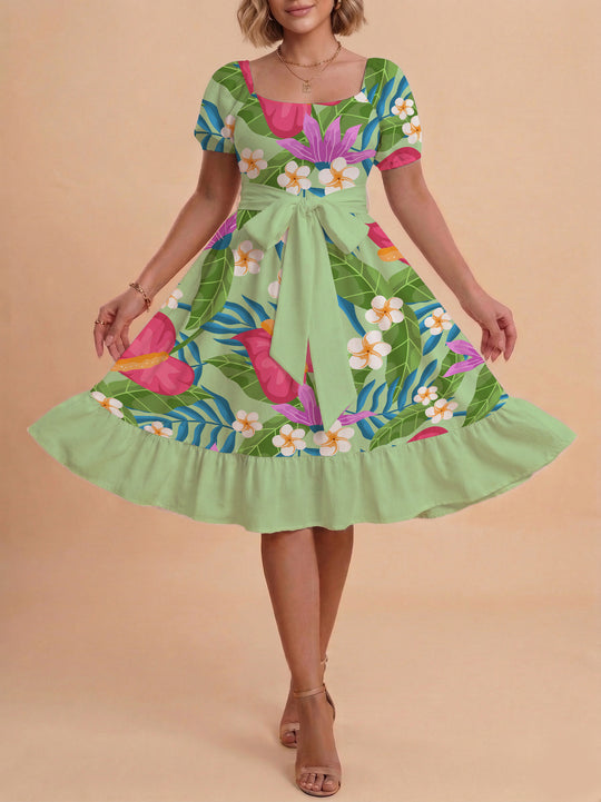 Damen A-Linien-Kleid mit floralen Motiven und taillierbarem Gürtel EB