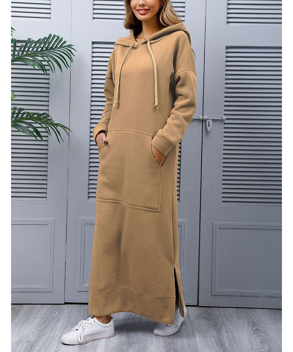 Damen nan langes Kapuzen-Sweatkleid mit Kängurutasche, Seitenschlitzen und lockerer Oversize-Passform EB