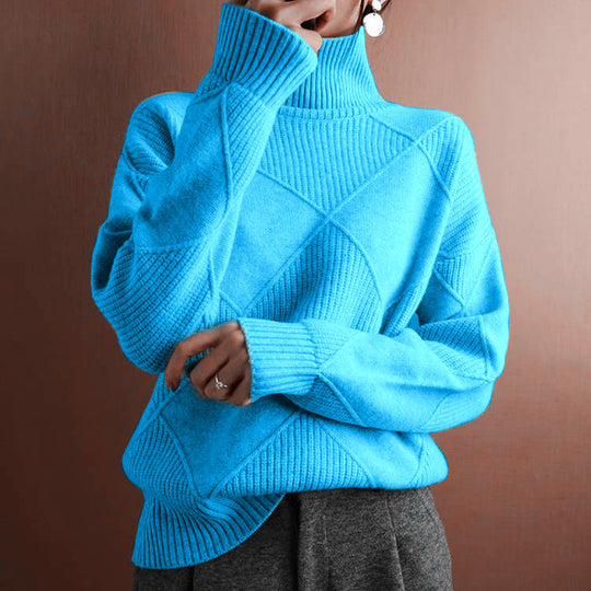 Damen nan weit geschnittener Strickpullover mit hohem Rollkragen und Rautenmuster EB