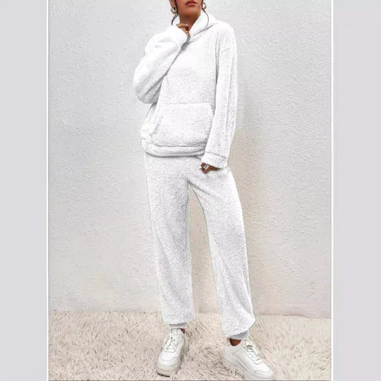 Damen nan kuscheliges Teddy-Fleece Hausanzug-Set mit Kapuze, Kängurutasche und elastischer Jogginghose EB