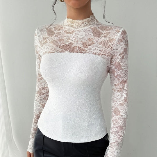 Damen Spitzenbody mit elegantem Stehkragen und langem Arm EB