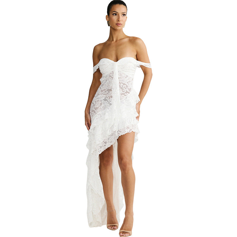 Damen asymmetrisches Spitzenkleid mit Rüschendetails EB