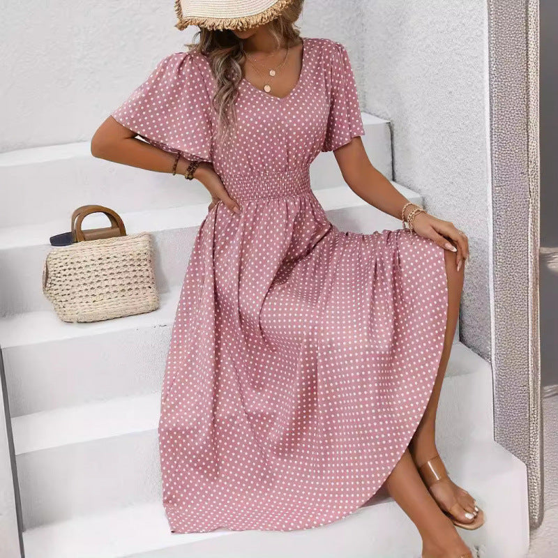 Damen Maxikleid im verspielten Punktdesign mit voluminösen Ärmeln und tiefem V-Ausschnitt EB