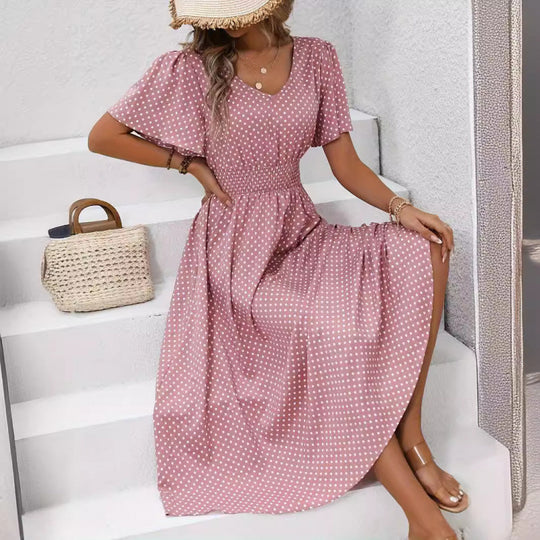 Damen Maxikleid im verspielten Punktdesign mit voluminösen Ärmeln und tiefem V-Ausschnitt EB