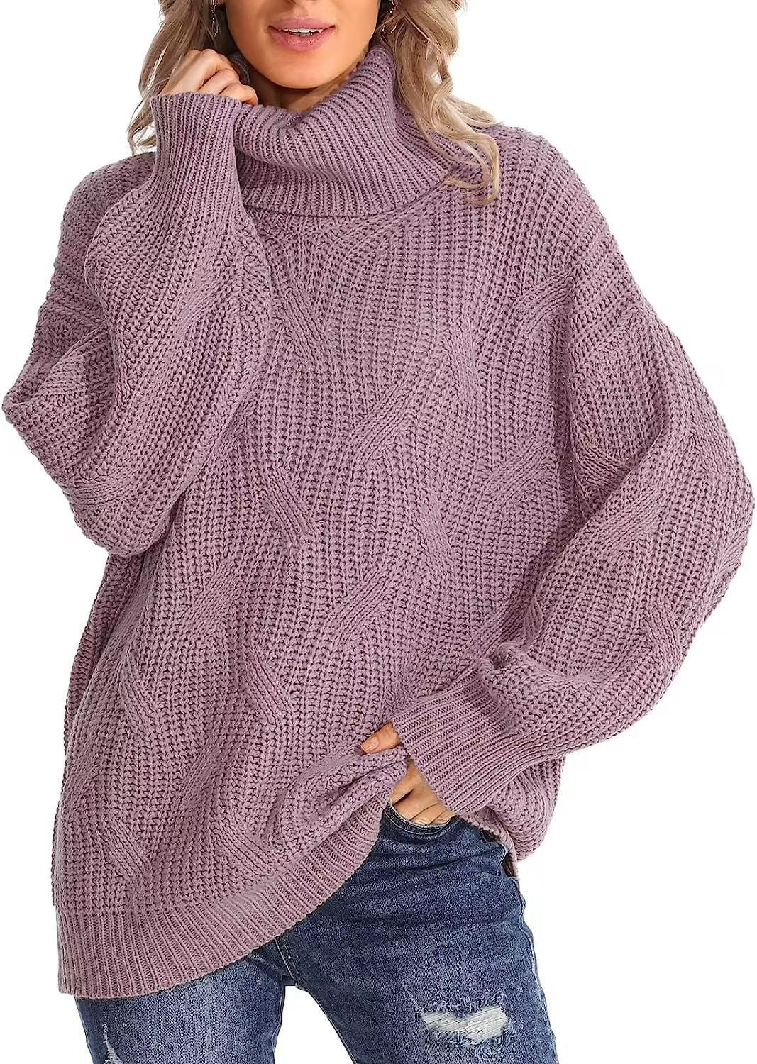 Damen Grobstrickpullover mit hohem Kragen und strukturiertem Zopfmuster EB