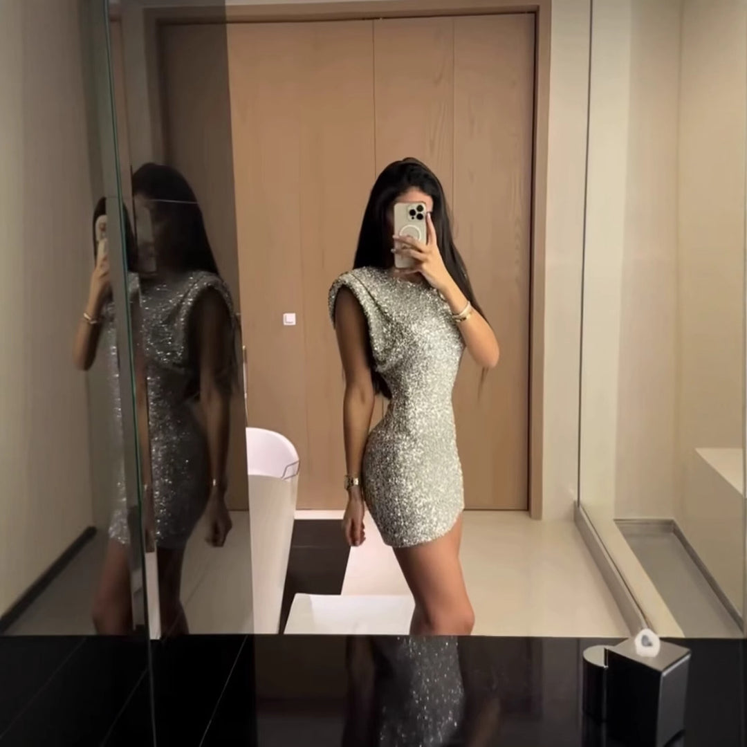 Damen Glamouröses Cocktailkleid mit schimmerndem Paillettenbesatz EB