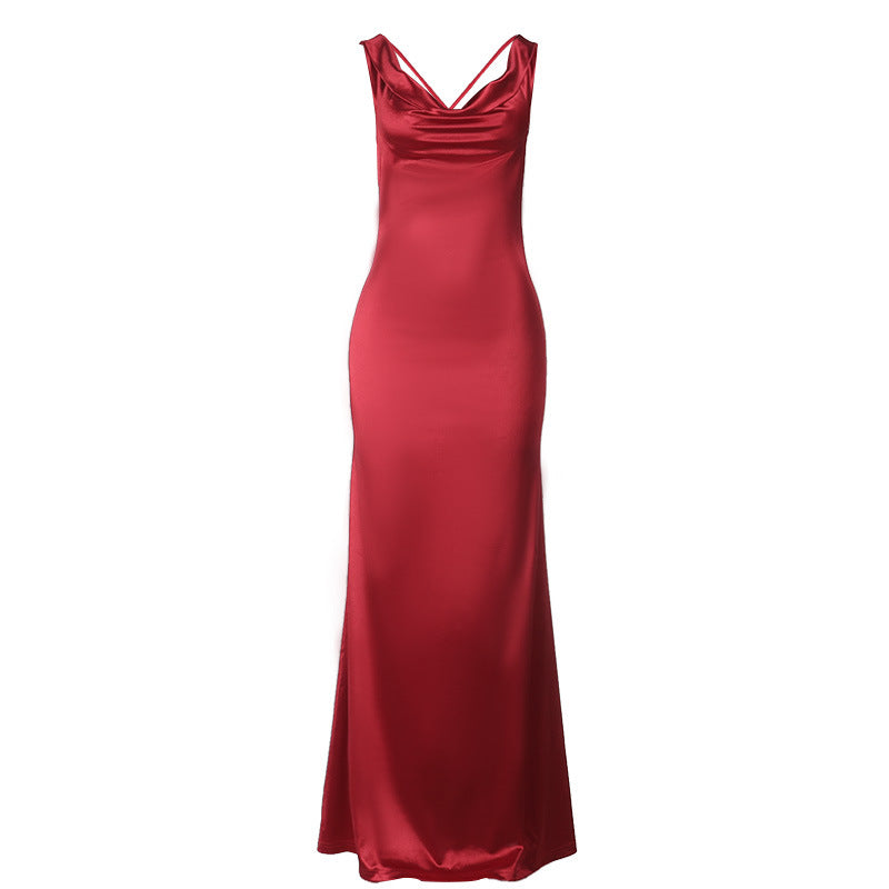 Damen elegantes Maxikleid mit tiefem Wasserfall-Ausschnitt und figurbetontem Schnitt EB