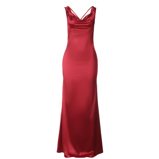 Damen elegantes Maxikleid mit tiefem Wasserfall-Ausschnitt und figurbetontem Schnitt EB