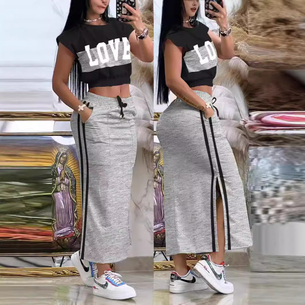 Damen Sportliches Crop-Top und Maxirock Set EB