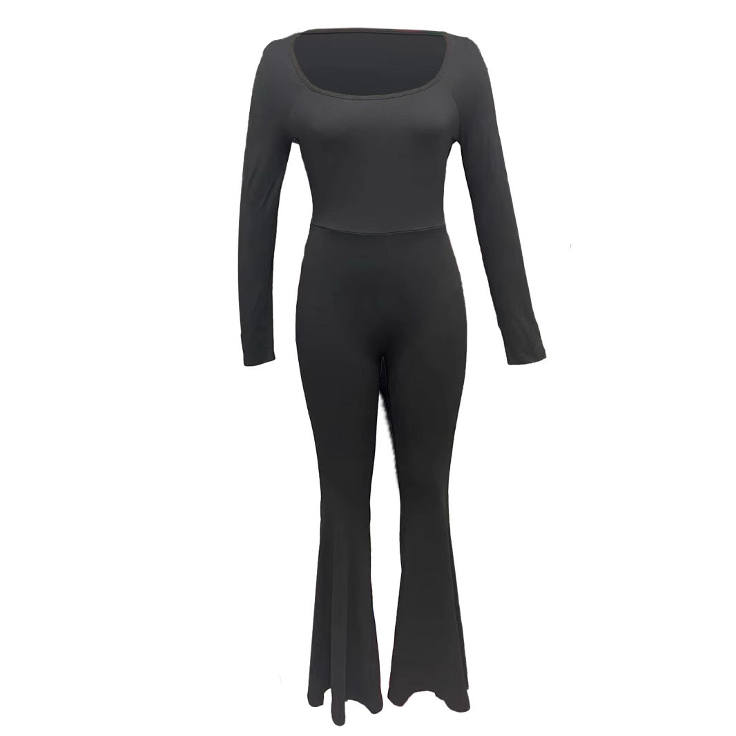 Damen Eleganter Jumpsuit mit weitem Bein und langen Ärmeln EB