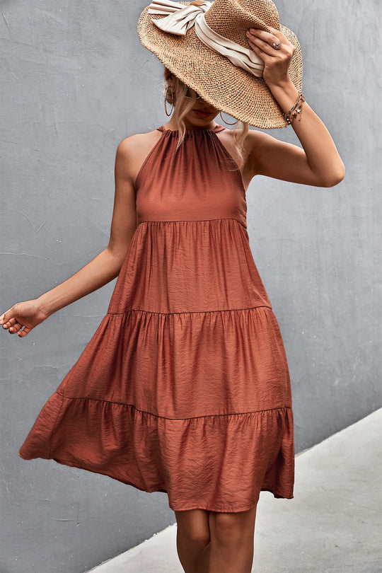 Damen Lässiges Sommerkleid mit hochgeschlossenem Kragen und voluminösem Rock EB