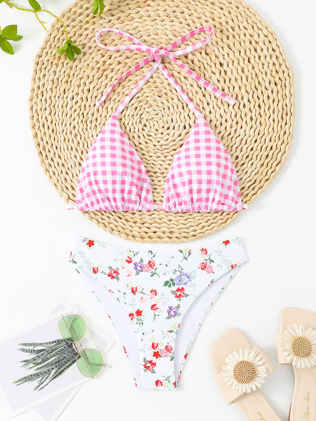 Damen Triangel-Bikini-Set mit verspieltem Knoten-Design und hoch geschnittenem Höschen EB