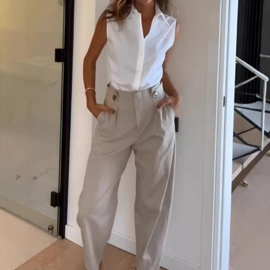 Damen Elegante Hochtaillierte Stoffhose mit Taschen EB