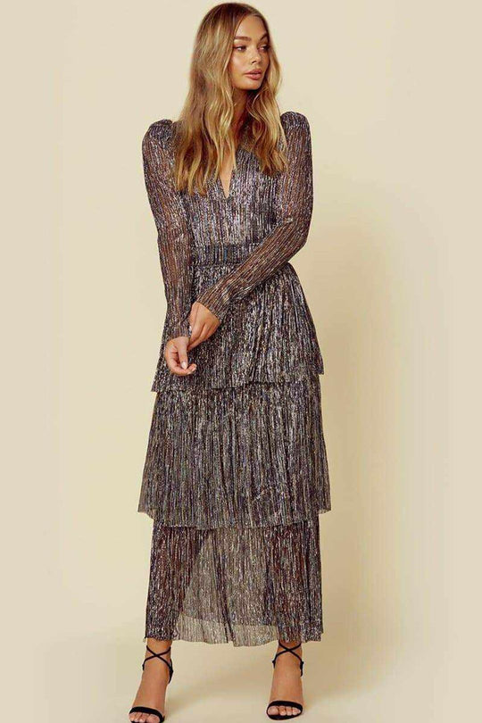 Damen Glamouröses Abendkleid mit schillernden Lagen und V-Ausschnitt EB