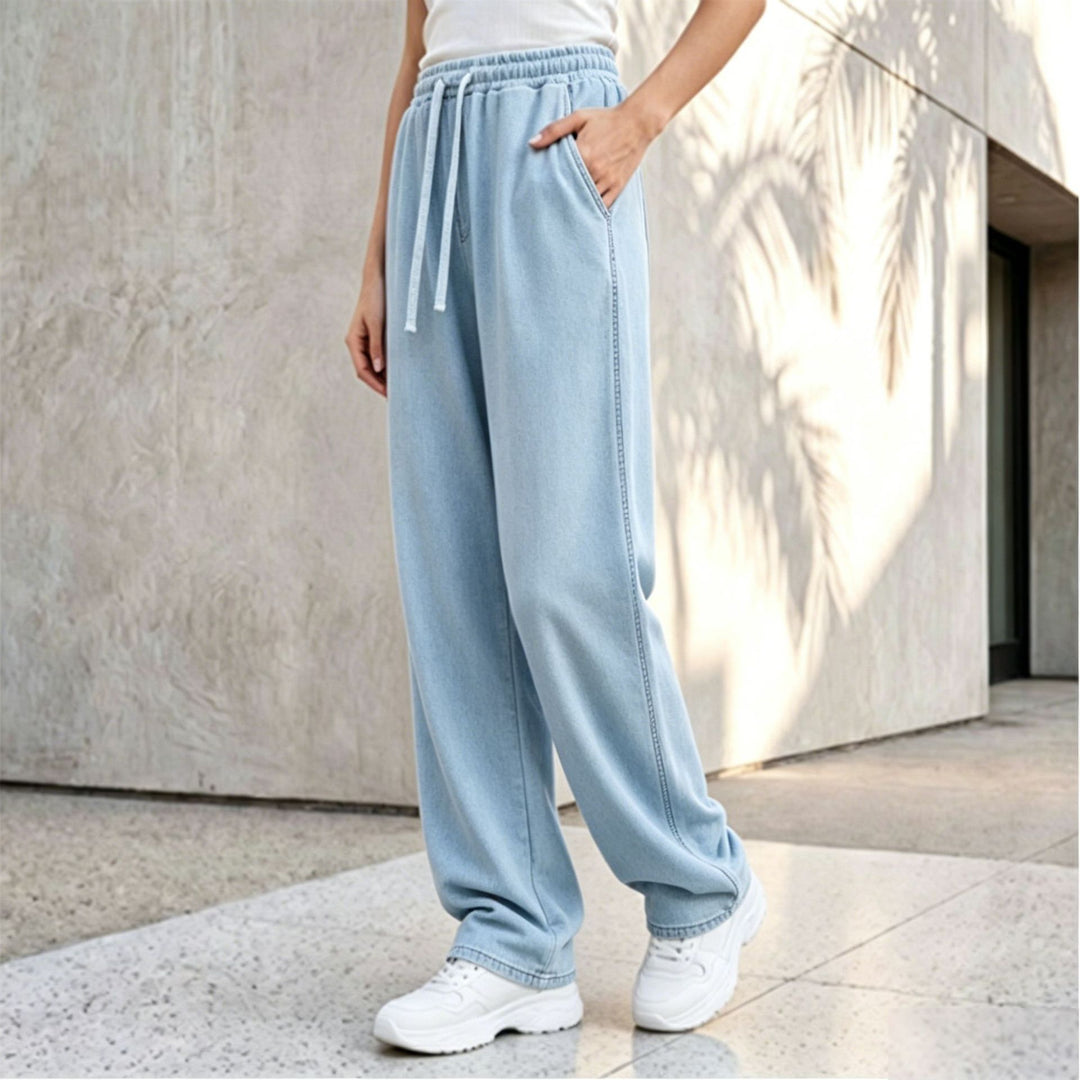 Damen nan weite Loungepalazzo-Hose mit hohem Komfortbund, Kordelzug, seitlichen Eingrifftaschen und dekorativer Seitennaht EB