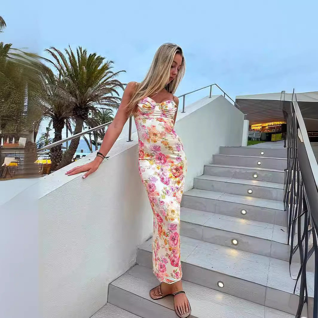 Damen bodenlanges Blumen-Minikleid mit Spaghettiträgern und Raffungen EB
