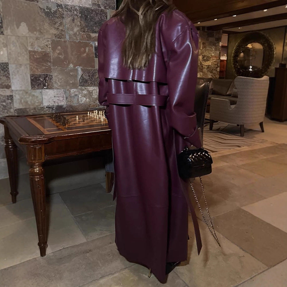 Damen elegante Kunstlederjacke mit voluminösen Ärmeln und Taillengürtel EB