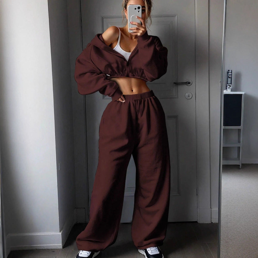 Damen nan kurzes Zip-Hoodie Cropped Sweatshirt mit Kordelzug, angesetzten Ballonärmeln und elastischem Saum EB