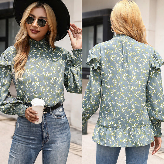 Damen elegante Bluse mit Rüschendetail und hohem Kragen EB