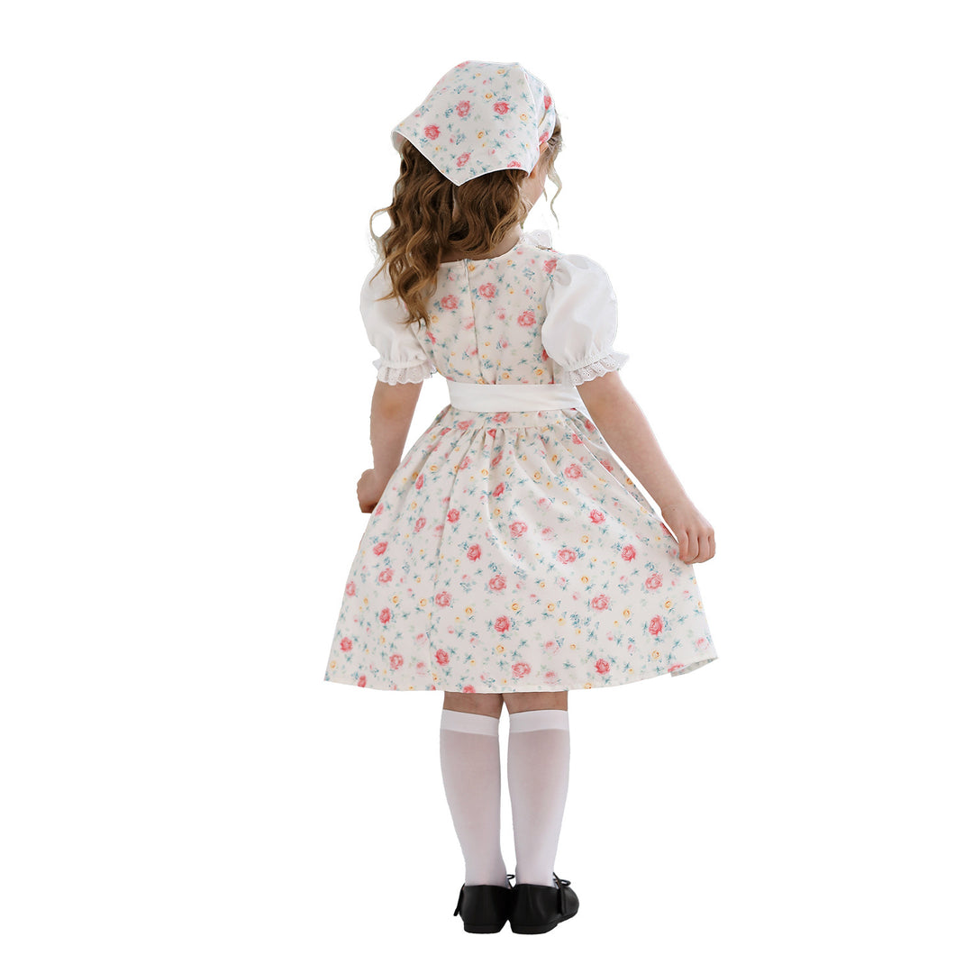 Damen nan traditionelles Dirndlkleid für Mädchen mit bestickter Schürze, Rüschenkragen und passendem Kopftuch EB