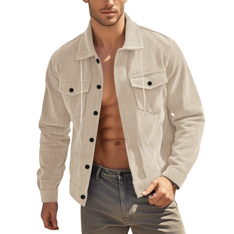 Herren nan lässige fein gerippte Cordjacke mit Stehkragen, Brusttaschen und elastischem Saum EB