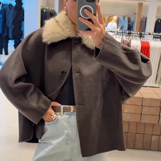 Damen elegante Oversized-Jacke mit Sherpa-Kragen EB