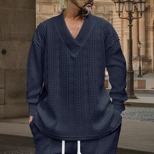 Herren nan grob gestrickter V-Ausschnitt-Pullover mit Zopfmuster und relaxed Fit EB